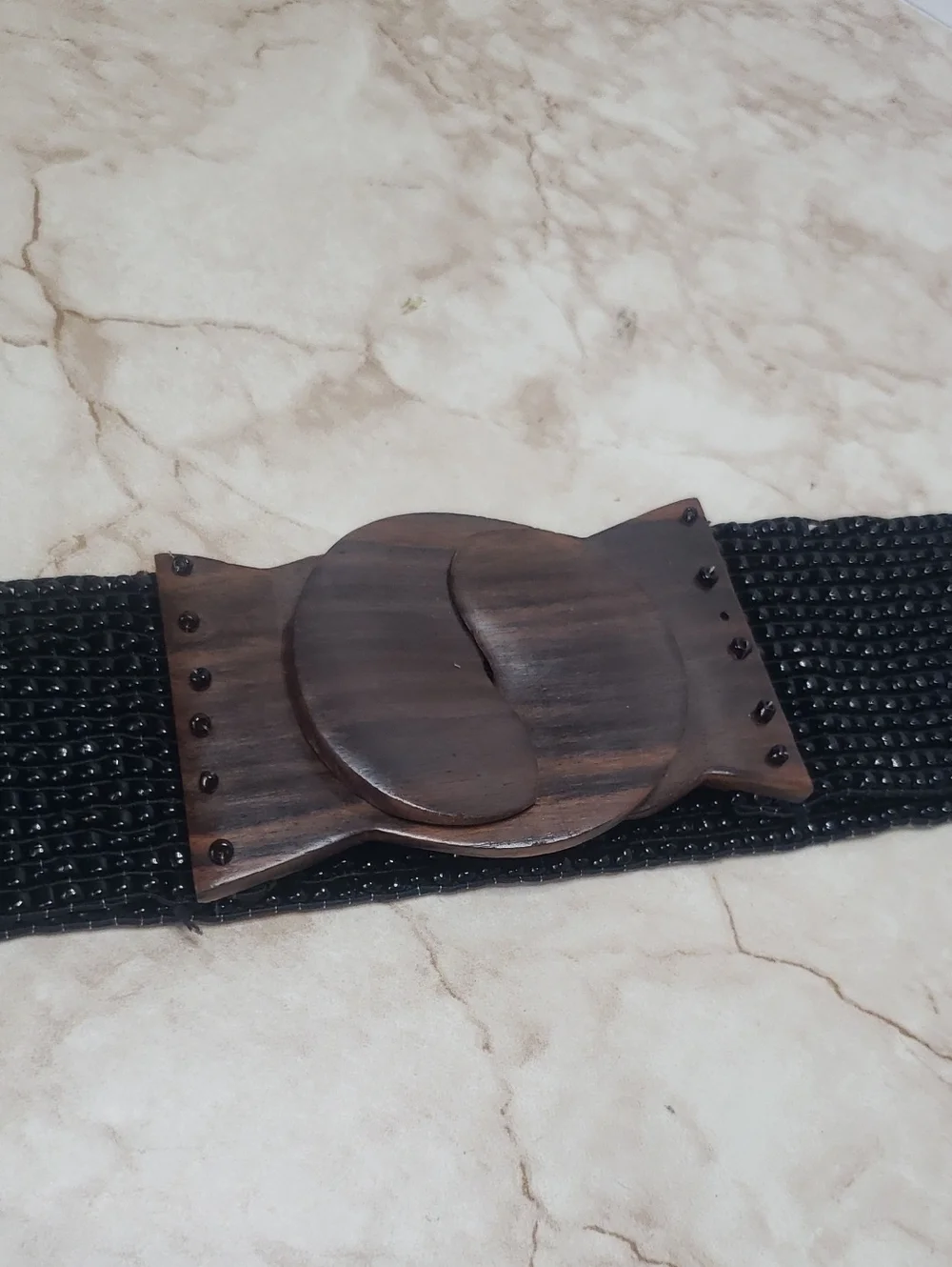 Black Stretch Woven Beaded Belt with Wood-Tone Buckle